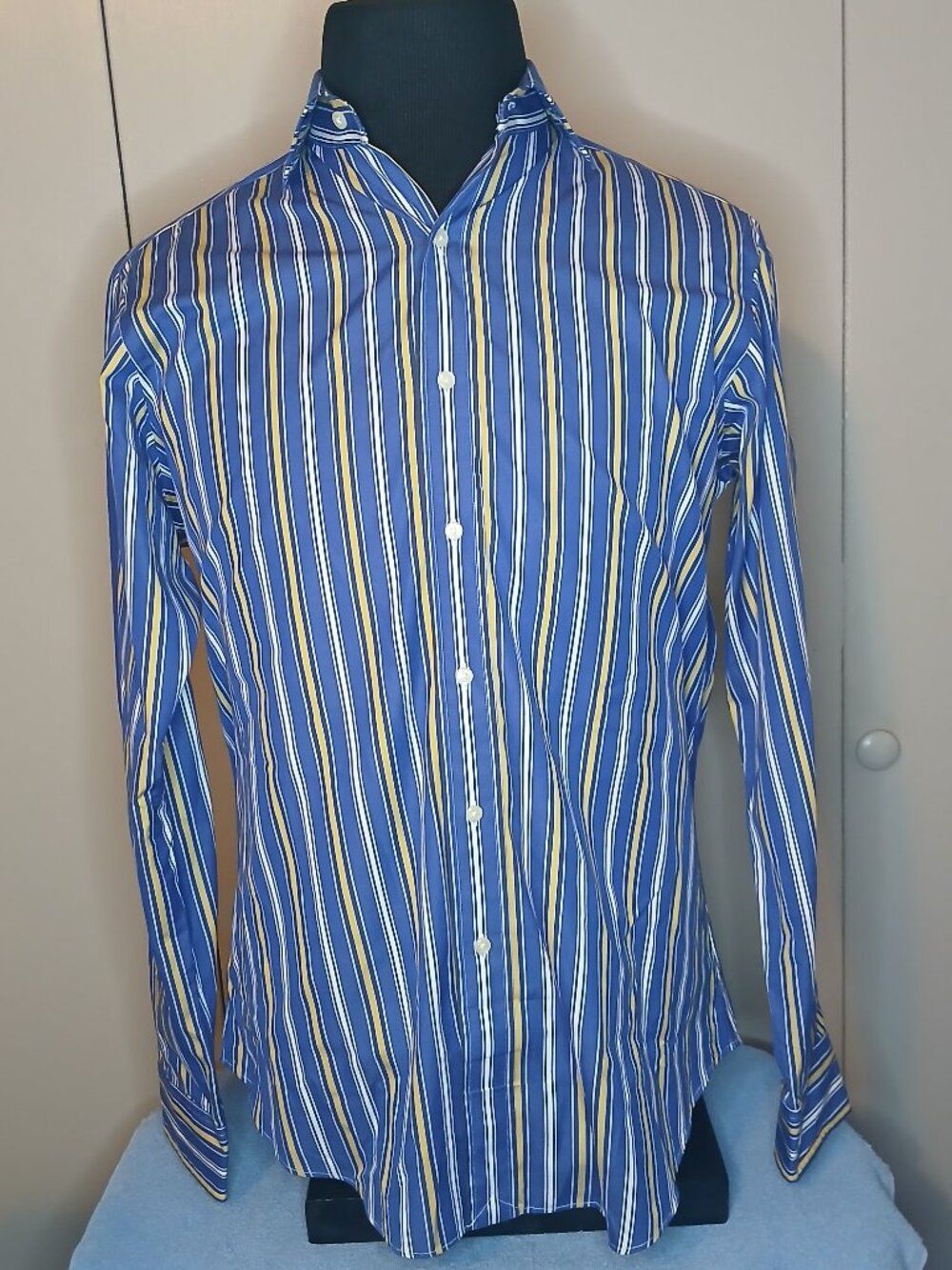 Polo Ralph Lauren Regent Classic Fit 15 -1/2 /M Blue Yellow White Striped Shirt